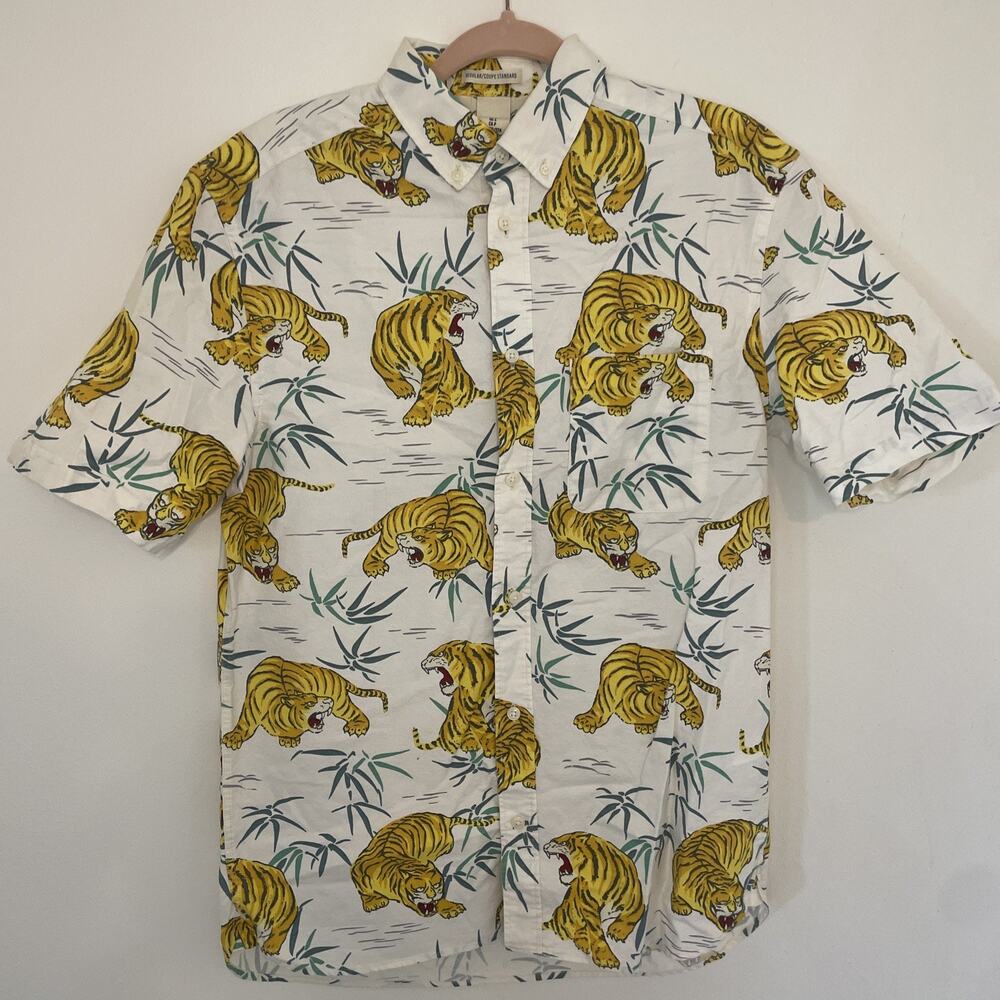 Tiger Print Short Sleeve Cotton Button Up Shirt Small H&M L.O.G.G.